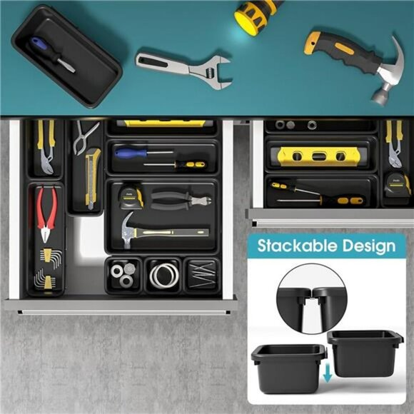 10 Piece Black Drawer Organizer Set for Makeup Office Bathroom Vanity Storage - Picture 6 of 8